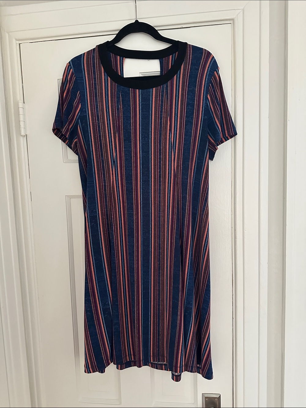 BCBG Striped Navy and Coral Short-Sleeve Shift Dress